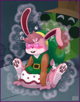 anthro big_diaper blonde_hair blush brainwashing buckteeth clothing dark_world diaper dungeon easter_egg floppy_ears frustrated fur hair hat headgear headwear holidays hypnosis hypnotic_eyes magic_spell male mind_control paws pink_body pink_fur poof_effect rabbit_nose red_eyes scut_tail shield shirt short_tail sitting sitting_on_ground solo spiral spiral_eyes sword_in_ground tail teeth text_on_diaper topwear transformation_through_magic triforce_symbol tunic burritokitten easter nintendo the_legend_of_zelda link_(rabbit_form) animal_humanoid humanoid hylian lagomorph lagomorph_humanoid leporid_humanoid mammal mammal_humanoid rabbit_humanoid wizzrobe hi_res