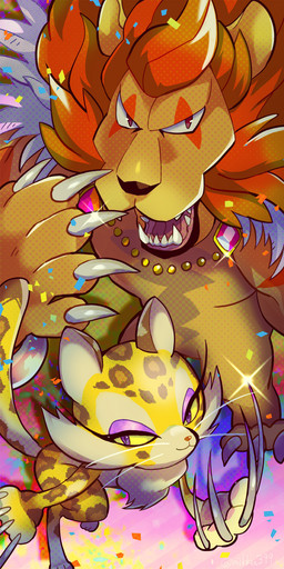 abstract_background anthro biped brown_body brown_fur chest_tuft claws dipstick_tail duo eyeshadow female fur looking_at_viewer makeup male mane markings open_mouth paws pupils purple_eyes purple_eyeshadow red_body red_eyes red_fur red_mane size_difference slit_pupils snout spots spotted_body spotted_fur spotted_markings spotted_tail tail tail_markings tan_body tan_fur teeth tuft whiskers white_claws yellow_body yellow_fur yellow_sclera mic399 kirby_(series) kirby_and_the_forgotten_land nintendo clawroline leongar felid leopard lion mammal pantherine 2022 digital_drawing_(artwork) digital_media_(artwork) english_description hi_res signature