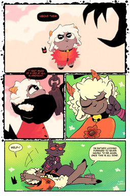 2_horns 3_eyes ambiguous_anthro ambiguous_gender anthro black_body black_fur dialogue duo eyes_closed fur horn lying multi_eye on_back red_eyes smile speech_bubble talking_to_another text white_body white_fur white_wool wool_(fur) rubyfunkey cult_of_the_lamb massive_monster_(studio) lamb_(cult_of_the_lamb) narinder red_crown_(cult_of_the_lamb) bovid caprine domestic_cat felid feline felis mammal sheep 2025 2:3 comic digital_drawing_(artwork) digital_media_(artwork) english_text hi_res