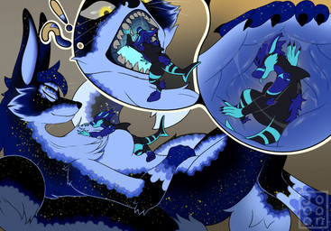abdominal_bulge anthro blue_body blue_insides blue_mouth bodily_fluids breasts cuddling duo female inside_stomach lying macro male male/female male_prey micro mouth_shot multi_tail on_back open_mouth oral_vore organs saliva soft_vore stomach surprised tail vore willing_prey yellow_eyes joooon aquatic fish hybrid kyuulin shark hi_res
