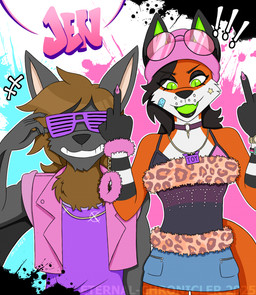 album_redraw anthro beanie clothed clothing duo eyewear female gesture green_eyes green_flesh hand_gesture hat headgear headwear jewelry male male/female middle_finger sunglasses eternal-chronicler azarokkusu jenny_(eternal-chronicler) bat canid canine fox mammal megabat hi_res redraw nonbinary_(lore) trans_(lore) trans_woman_(lore)