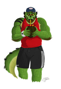 anthro beverage black_bottomwear black_clothing black_markings black_shorts bottomwear clothed clothing coconut coconut_drink drinking drupe_(fruit) eyebrow_piercing eyebrow_ring facial_piercing food front_view fruit green_body green_scales green_sclera green_tail holding_coconut lip_piercing lip_ring male markings mouth_closed multiple_piercings muscular muscular_anthro muscular_male narrowed_eyes piercing plant red_clothing red_topwear ring_piercing scales shorts simple_background solo standing striped_arms tail topwear white_background yellow_body yellow_eyes yellow_scales yellow_tail crazydrak alex_(jrbart) crocodilian reptile scalie 2019 dated full-length_portrait hi_res portrait signature
