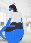 anthro blue_body blush bottomwear butt clothed clothing furgonomics looking_at_viewer looking_back miniskirt office secretary shy simple_background skirt tail tail_through_skirt aerotransor kobold scalie absurd_res hi_res