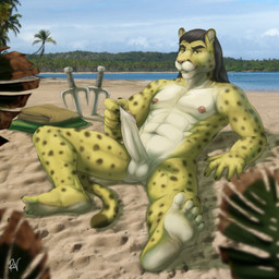 anthro balls beach biped black_hair dagger detailed_background erection feet foot_focus foreskin foreskin_play foreskin_pull fur genitals hair humanoid_genitalia humanoid_penis looking_at_viewer male melee_weapon muscular muscular_anthro muscular_male nude outside penis plant presenting presenting_penis sand seaside shaft_divide sky smile solo spots water weapon rov kyyanno cheetah felid feline mammal 1:1 2017 hi_res
