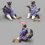 3_tails anthro asian_clothing clothing east_asian_clothing female flute japanese_clothing kimono kneeling multi_tail musical_instrument solo tail wind_instrument woodwind_instrument bambookat canid canine fox mammal 1:1 3d_(artwork) absurd_res digital_media_(artwork) hi_res