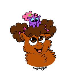 ambiguous_feral ambiguous_gender brown_body brown_eyes brown_fur brown_hair carrying_another duo eye_contact feral fur hair looking_at_another on_head open_mouth pink_bow pink_hair purple_body purple_fur simple_background size_difference smile text tied_hair white_background young young_ambiguous young_feral squeegull fluffy_pony fluffy_pony_(species) mammal 1:1 2025 artist_name digital_media_(artwork) flat_colors hi_res