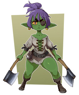 axe breasts dual_wielding ear_piercing ear_ring eye_patch eyewear female green_body green_skin hair holding_axe holding_object holding_weapon not_furry piercing purple_hair ring_piercing small_breasts solo weapon nuclearwasabi goblin humanoid 2022 absurd_res hi_res