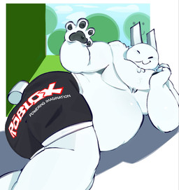 anthro black_pawpads clothed clothing fur gesture looking_at_viewer lying male narrowed_eyes pawpads plant presenting ruff scut_tail short_tail slightly_chubby smug solo tail tree underwear underwear_only waving waving_at_viewer white_body white_fur roblox gubby_(roblox) lagomorph leporid mammal rabbit hi_res