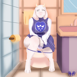 anthro bathroom bathroom_floor bathroom_sink bathroom_wall breasts clothed clothing female fur implied_scat panties panties_down partially_clothed pooping pooping_in_toilet purple_clothing purple_panties purple_underwear sitting sitting_on_toilet solo toilet toilet_paper toilet_use underwear underwear_down white_body white_fur gaap undertale_(series) toriel bovid caprine goat mammal monster 1:1 hi_res