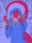 anthro big_tail chain clothed clothing female gold_(metal) gun hood horn in_clothes looking_at_viewer magic pink_body pink_scales ranged_weapon ring rings_on_arms scales simple_background snake_hood solo sparkles tail tongue tongue_out weapon white_eyes tora_kasai shadow_wizard_money_gang ti-julie_(puroslavking) cobra mammal reptile scalie snake 2024 3:4 absurd_res digital_media_(artwork) hi_res