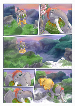 5_fingers angry anthro biped clenched_teeth clothing fingers flower grass grey_body holding_object hooves horn magic male outside plant proboscis_(anatomy) rock sky solo stick tail teeth trunk_(anatomy) bjekkergauken isilo_(bjekkergauken) elephant elephantid mammal proboscidean 2025 colored comic hi_res