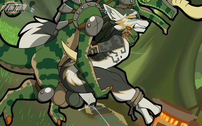 anal anthro armor balls balls_touching bodily_fluids bound claws duo foreskin genital_fluids genitals grass hand_on_leg hand_on_neck humanoid_genitalia humanoid_penis legs_tied male male/male markings nipples outside penis plant precum questionable_consent scales sex standing standing_sex tail tears tree johnithanial nintendo the_legend_of_zelda link_(wolf_form) canid canine canis lizalfos lizard mammal reptile scalie wolf 16:10 hi_res widescreen