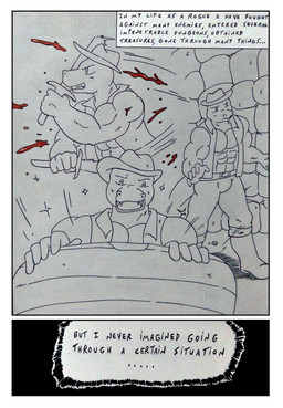 abs anthro barazoku biceps blood blood_splatter bodily_fluids boots border bulge clothed clothing dagger dungeon exploring footwear hat headgear headwear holding_object holding_weapon legwear male manly melee_weapon muscular muscular_anthro muscular_arms muscular_male open_clothing open_mouth open_shirt open_topwear pecs shirt shoes simple_background tail teeth text topwear treasure treasure_chest violence weapon white_border dashthefox nikel lizard reptile scalie absurd_res comic english_text hi_res monochrome traditional_media_(artwork)