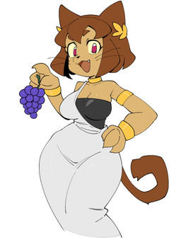 4_fingers anthro big_breasts bracelet breasts brown_body brown_eyebrows brown_hair brown_tail cleavage clothed clothed_anthro clothed_female clothing cute_fangs eyebrows fangs female female_anthro fingers food fruit grape hair hand_on_hip hand_on_own_hip holding_food holding_grapes holding_object jewelry laurel_wreath looking_at_viewer medium_hair open_mouth open_smile plant purple_eyes short_snout simple_background smile solo standing tail teeth toga whiskers white_background white_toga wide_hips hikoumitsu gameoverse glitch_productions kit_bodega felid feline mammal hi_res