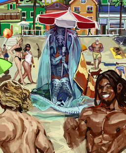 anthro beach colorful_background detailed_background female palm_tree plant shy towel tree tropical umbrella zarzaliel mythology dragon human mammal mythological_creature mythological_scalie scalie hi_res