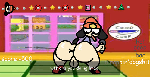 anus ass_clapping backsack balls beanie big_butt blue_clothing blue_shirt blue_topwear butt clothing dialogue electronics footwear gameplay_mechanics genitals glistening glistening_butt hat headgear headwear holding_object huge_butt looking_at_self looking_back male microphone open_mouth profanity red_clothing red_footwear red_shoes screencap screencap_background shirt shoes solo tail tail_motion text thick_thighs topwear twerking x_anus nxyitn parappa_the_rapper sony_corporation sony_interactive_entertainment parappa canid canine mammal 2d_animation aliasing animated digital_media_(artwork) english_text loop seamless_loop