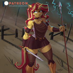 anthro anthrofied breasts cleavage clothed clothing dual_wielding female holding_melee_weapon holding_object holding_polearm holding_spear holding_sword holding_weapon horn legwear melee_weapon patreon_logo polearm solo spear sword text thigh_highs weapon website_logo kevinsano equestria_girls hasbro my_little_pony mythology patreon sunset_shimmer_(eg) equid equine mammal mythological_creature mythological_equine unicorn 1:1 url
