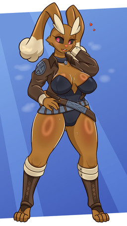 4_toes 5_fingers anthro belt big_breasts black_sclera blue_background blush blush_lines bodily_fluids body_blush boots bottom_heavy breast_blush breasts brown_body brown_clothing butt butt_from_the_front choker cleavage_cutout clothing curvy_figure cutout feet female fingers footwear glistening glistening_body glistening_breasts glistening_thighs hand_behind_head hand_on_hip jacket jewelry leotard long_ears multicolored_body musk necklace open_mouth pink_eyes raised_arm shoes simple_background smile solo standing sweat sweaty_breasts thick_thighs toeless_footwear toes topwear two_tone_body voluptuous wide_hips johnmarten marvel marvel_rivals nintendo pokemon rogue_(marvel) rogue_lopunny_(mangakitsune2) generation_4_pokemon lopunny pokemon_(species) 4k 9:16 absurd_res crossover full-length_portrait hi_res portrait