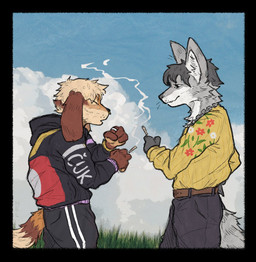 anthro belt chain_necklace cigarette clothed clothed_anthro clothed_male clothing cloud countershading detailed_background duo facial_piercing grass inner_ear_fluff jewelry male necklace nose_piercing piercing plant ring smile smoking tail tuft helregin canid canine canis domestic_dog mammal wolf 2022 hi_res