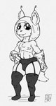 antennae_(anatomy) anthro black_sclera clothed clothing gloves half-closed_eyes handwear hood legwear male narrowed_eyes pantsless shirtless solo stockings straps tail toothy_smile underwear theserg atlyss mythology apollo_caelum alien dragon mythological_creature mythological_scalie poon_(atlyss) scalie hi_res monochrome