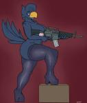 anthro ar_platform biped breasts clothed clothing facial_piercing feathers female footwear gun high_heels holding_gun holding_object holding_ranged_weapon holding_rifle holding_weapon inverted_nipples legwear lipstick makeup nipples non-mammal_breasts partially_clothed piercing pose ranged_weapon rifle shoes simple_background smug solo stockings stoner_rifle weapon elektr0 topaz_(elektr0) avian bird absurd_res hi_res pinup