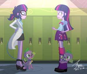 alternate_species clothing coat collar eyewear female glare glasses green_eyes group hair humanized lab_coat leash locker nervous not_furry purple_body purple_eyes purple_hair purple_skin spiked_collar spikes square_crossover topwear bluse equestria_girls friendship_is_magic hasbro my_little_pony spike_(eg) twilight_sparkle_(eg) twilight_sparkle_(mlp) canid canine canis domestic_dog equid human mammal 2015 absurd_res hi_res
