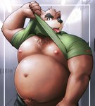 anthro barely_visible_genitalia barely_visible_penis belly big_belly black_nose brown_body brown_fur clothed clothing clothing_lift fur genitals humanoid_hands kemono male moobs navel nipples overweight overweight_male penis shirt shirt_lift solo tongue tongue_out topwear kemokemumaki bear mammal 2024 hi_res