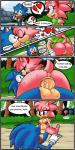 1:2 absurd_res amy_rose anthro anus areola balls being_watched big_eyes big_penis blue_body blue_fur bodily_fluids border bottomwear breasts butt classic_amy_rose classic_sonic_(universe) clitoris clothing comic cowgirl_position dialogue digital_media_(artwork) duo_focus english_text erection eulipotyphlan eyelashes female from_front_position fur galaxyviolet genitals gloves green_eyes group handwear heart_eyes heart_symbol hedgehog hi_res huge_penis kissing large_penetration looking_at_another male male/female mammal navel nipples nude on_bottom on_top outside penetration penis pink_body pink_fur plant puffy_sleeves pussy scarf sega sex shirt shrub skirt sonic_boom sonic_the_hedgehog sonic_the_hedgehog_(series) speech_bubble square_crossover straddling superbunnygt surprise surprise_kiss sweat t-shirt text toony topwear tree undressing vaginal vaginal_penetration vein veiny_penis white_border