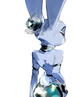 anthro butt clothed clothing dress female fingerless_gloves fingers fur gloves grey_body grey_fur handwear headgear headwear long_ears looking_back narrowed_eyes purple_eyes scut_tail short_tail solo tail butterfish8199 disney zootopia judy_hopps lagomorph leporid mammal rabbit half-length_portrait hi_res portrait