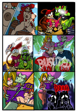 anthro areola big_breasts breasts cameo caught_in_the_act clothed clothing erect_nipples female genitals group male nipples nude outside pornography pubes vulva lordstevie donkey_kong_(series) mario_bros metroid nintendo candy_kong captain_syrup diddy_kong kalypso kip_(donkey_kong) princess_daisy samus_aran crocodilian haplorhine human kong kremling mammal monkey primate reptile scalie 2016 comic