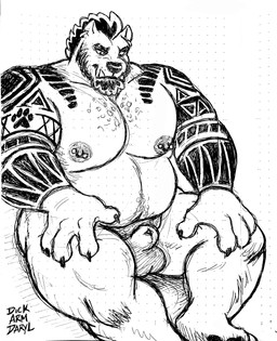 4_fingers animal_genitalia anthro areola arm_tattoo balls barbell_piercing big_muscles big_pecs body_hair chest_hair claws cropped_ears ear_piercing ear_ring eyebrow_slit eyebrows facial_hair fingers footprint genitals happy_trail head_tuft looking_down macro male mohawk musclegut muscular muscular_anthro muscular_male nipple_piercing nipples nude nude_anthro pawprint pawprint_tattoo pecs piercing pubes ring_piercing sheath sitting solo tattoo text thick_eyebrows tuft tusks conditional_dnp dickarmdaryl dog_daryl_(dickarmdaryl) bird_dog canid canine canis domestic_dog hunting_dog labrador mammal pit_bull pitador retriever 2026 artist_name hatching_(art) hi_res monochrome shaded signature sketch traditional_media_(artwork)
