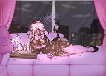 anthro belly big_breasts big_butt breasts butt clothing cowbell female furniture legwear lying lying_on_sofa on_sofa overweight relaxing romantic romantic_night shy shy_smile slightly_chubby sofa solo stockings nara_ilvu evening_chill bovid bovine cattle mammal hi_res pink_theme