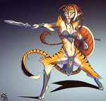 anthro armor bikini_armor black_body black_fur blue_eyes bottomwear braided_hair clothing cuffs_(clothing) ear_piercing ear_ring female fur hair jewelry loincloth melee_weapon midriff navel necklace orange_body orange_fur piercing polearm pupils ring_piercing shield shin_guards slit_pupils solo spear stripes unconvincing_armor weapon white_body white_fur sacrificabominat tyla_(jesonite) felid mammal pantherine tiger absurd_res hi_res