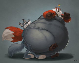 3_toes 4_fingers anthro anthro_on_anthro barefoot big_cheeks biped black_claws black_finger_claws black_nose black_toe_claws blue_clothing blue_shirt blue_topwear bottomless bottomless_anthro bottomless_male brown_body brown_ears brown_feet brown_fur brown_hands brown_pawpads claws closed_smile clothed clothed_anthro clothed_male clothing countershade_face countershade_feet countershade_fur countershade_torso countershading denim denim_clothing denim_overalls dipstick_ears dipstick_tail duo ear_markings ear_piercing ear_ring ear_stud eyebrows feet finger_claws fingers fur gloves_(marking) grey_body grey_clothing grey_fur grey_overalls hand_on_another's_butt hand_on_butt humanoid_hands inner_ear_fluff larger_anthro larger_male looking_at_another looking_back looking_back_at_another looking_down looking_down_at_another male male/male male_anthro markings monotone_tail mouth_closed multicolored_body multicolored_ears multicolored_fur narrowed_eyes obese obese_anthro obese_male open_mouth overalls overalls_only overweight overweight_anthro overweight_male pawpads piercing plantigrade red_body red_fur red_tail ring_piercing rolled_up_sleeves shirt side_view simple_background size_difference smaller_anthro smaller_male smile standing surprised tail tail_markings teeth toe_claws toes topwear tuft two_tone_tail white_body white_claws white_countershading white_eyebrows white_finger_claws white_fur white_inner_ear white_tail white_toe_claws teaselbone artfulreggie teaselbone_(character) canid canine canis fox mammal red_fox true_fox wolf 2020 digital_media_(artwork) shaded signature