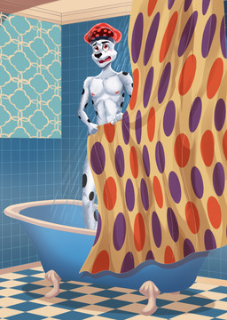 aged_up anthro anthrofied bathroom bathtub blush claw_foot_bathtub clothing covering covering_crotch covering_self embarrassed fur headgear headgear_only headwear headwear_only holding_curtain holding_object male markings mostly_nude nipples nude open_mouth pecs shower shower_cap shower_curtain solo spots spotted_body standing teeth water wet wet_body white_body white_fur dal101strefan 101_dalmatian_street 101_dalmatians disney dylan_(101_dalmatians) canid canine canis dalmatian domestic_dog mammal digital_media_(artwork) hi_res
