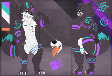 anthro flexing flexing_bicep fur male male/male muscular open_mouth purple_body purple_fur solo teal_body teal_fur macyw wolfpupsif canid canine canis mammal wolf absurd_res hi_res model_sheet