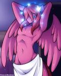 blue_eyes femboy hair hands_behind_head male pose solo sparkles towel towel_only wings marik_azemus34 hasbro my_little_pony mythology fan_character seraphic_crimson equid equine mammal mythological_creature mythological_equine pegasus 2018 4:5 hi_res