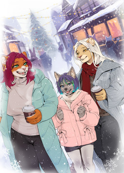 anthro biped bottomwear breasts claws clothed clothed_anthro clothed_female clothing female fingers front_view fully_clothed fully_clothed_anthro fully_clothed_female fur group hair plant smile snow snowing standing tail teeth tongue topwear tree trio winter hudojishe diane_hudson leandra_farai nova_(supernovap) canid canine felid lion mammal pantherine tiger 2025 digital_drawing_(artwork) digital_media_(artwork) hi_res