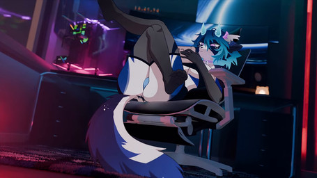 anthro blue_body blue_bottomwear blue_clothing blue_ears blue_fur blue_horn blue_pants bottomwear breasts choker clothing computer electronics female freckles fur gaming gaming_chair highlights_(coloring) horn jewelry lamp legwear monitors necklace panties pants panty_shot paws playing_video_game purple_eyes purple_horn red_highlights solo stockings tail underwear white_body white_fur pendazella nintendo nintendo_switch_2 16:9 animated digital_drawing_(artwork) digital_media_(artwork) no_sound short_playtime video widescreen