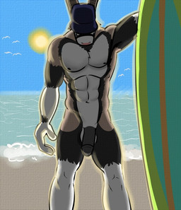 abs animal_genitalia anthro balls beach biceps biped black_penis chest_tuft circumcised clothing detailed_background fur genitals glans hair half-erect hat headgear headwear horn male muscular muscular_anthro muscular_male nipples nude outside pecs penis pose presenting sand seaside sky solo standing sun surfboard surfer tuft vehicle water watercraft mapdark jamie_the_oryx antelope bovid grazing_antelope mammal oryx 2013