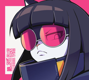 anthro bangs barcode blue_body blue_fur blue_hair clothed clothing eyewear female frown fur hair long_hair qr_code simple_background solo sunglasses topwear vest blackboltlonewolf shoot_(blackbolt) domestic_cat felid feline felis mammal 2026 headshot_portrait hi_res portrait signature
