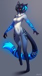 2015 anthro blue_body canid canine canis clothed clothing digital_media_(artwork) domestic_cat electronics falvie felid feline felis female glowing glowing_arms glowing_tail headphones mammal markings red_eyes shaded solo tail topless tuft wolf