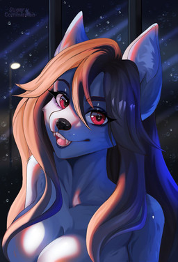 anthro atmospheric blonde_hair blurred_background breasts city depth_of_field detailed_background fangs female fur glass hair inside long_hair looking_at_viewer night nude open_mouth open_smile raining red_eyes rim_lighting smile solo street_lamp teeth water_drop wet window yellow_body yellow_fur sugar_(artist) canid canine canis mammal wolf blue_theme digital_media_(artwork) hi_res high_contrast orange_theme shaded