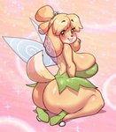 anthro big_breasts big_butt blonde_hair blush breasts butt clothed clothing cosplay crossover_cosplay curvy_figure female hair huge_breasts huge_butt huge_thighs kneeling no_underwear solo thick_thighs voluptuous yellow_body norodoggo animal_crossing disney nintendo peter_pan isabelle_(animal_crossing) tinker_bell_(disney) tinker_belle canid canine canis domestic_dog fairy mammal shih_tzu toy_dog crossover hi_res