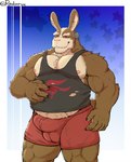 anthro areola balls_outline barazoku belly biceps big_bulge big_muscles blue_background border buckteeth bulge claws clothing detailed_background detailed_bulge erection erection_under_clothing eyebrows fur genital_outline headgear huge_bulge huge_muscles kemono looking_at_viewer male manly mature_anthro mature_male musclegut muscular muscular_anthro muscular_male nipples pecs penis_outline shirt sideways-pointing_bulge simple_background smile solo standing tank_top teeth thick_thighs topwear tuft underwear white_border radonryu nintendo star_fox peppy_hare lagomorph leporid mammal rabbit 2024 hi_res signature