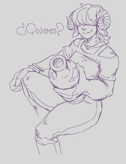 ambiguous_gender anthro beverage bottle bracelet clothing container curved_horn female hair hair_over_eyes holding_object horn jewelry muscular shirt short_hair smile solo suspenders thick_thighs topwear pavanz ¿quieres? hilda_(sherswoodies) bovid caprine mammal sheep meme portrait sketch three-quarter_portrait