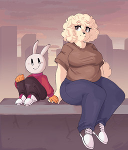 :3 anthro black_nose blush blush_lines bottomwear breasts brown_eyebrows brown_eyes clothed clothing duo eyebrows female fluffy fluffy_tail fur glistening glistening_eyes hair hand_holding long_tail pants pupils shirt short_hair smile tail tan_body tan_ears tan_fur tan_hair tan_tail thick_eyebrows tongue topwear white_body white_ears white_fur skibanana jessica_(skibanana) canid canine canis domestic_dog lagomorph leporid mammal rabbit absurd_res hi_res