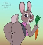 2020 anthro bent_over bonnie_hopps buckteeth butt carrot clothed clothing disney female food fur grey_body grey_fur hi_res hirurux lagomorph leporid looking_back mammal mature_anthro mature_female multicolored_body multicolored_fur no_underwear open_mouth plant purple_eyes rabbit solo teeth two_tone_body two_tone_fur vegetable zootopia