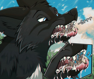 black_body black_fur blue_eyes bodily_fluids duo eye_scar facial_scar fur imminent_vore male male/male mouth_shot open_mouth oral_vore saliva scar tongue tongue_out vore adelar_elric canid canine canis fox mammal wolf