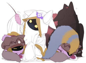 alternate_species ambiguous_gender blue_body blue_fur brown_body brown_fur cat_toy clothed clothed_humanoid clothing dialogue dipstick_tail eyes_closed fluffy fluffy_tail fox_ears fur furrification group hooded_cloak hooded_robe long_sleeves looking_at_object lying markings mouthless on_front question_mark red_body red_fur scratching shadow_face simple_background sitting sleeping sound_effects speech_bubble tail tail_markings text vowelless vowelless_sound_effect wearing_hat white_background yellow_body yellow_eyes yellow_fur zzz zakobennki kirby_(series) kirby_star_allies nintendo hyness_(kirby) animal_humanoid canid canid_humanoid canine canine_humanoid fox_humanoid humanoid jammerjab mammal mammal_humanoid 2026 cross-hatching digital_drawing_(artwork) digital_media_(artwork) hatching_(art) hi_res japanese_description japanese_text shaded translation_request male_(lore)